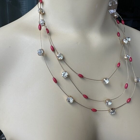 VTG Charming Charlie Necklace Wire Choker‎ Red Beads Rhinestones Gold Tone 20" - Picture 4 of 7
